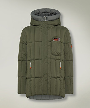 Down jacket with inner bib and double hood | Dekker