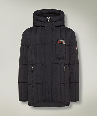Down jacket with inner bib and double hood | Dekker